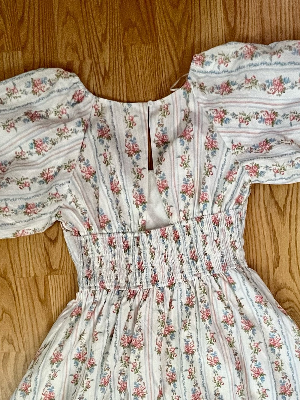 Floral Puff Sleeve Maxi Dress - White with Pink & Blue Floral Print - Picture 8 of 11
